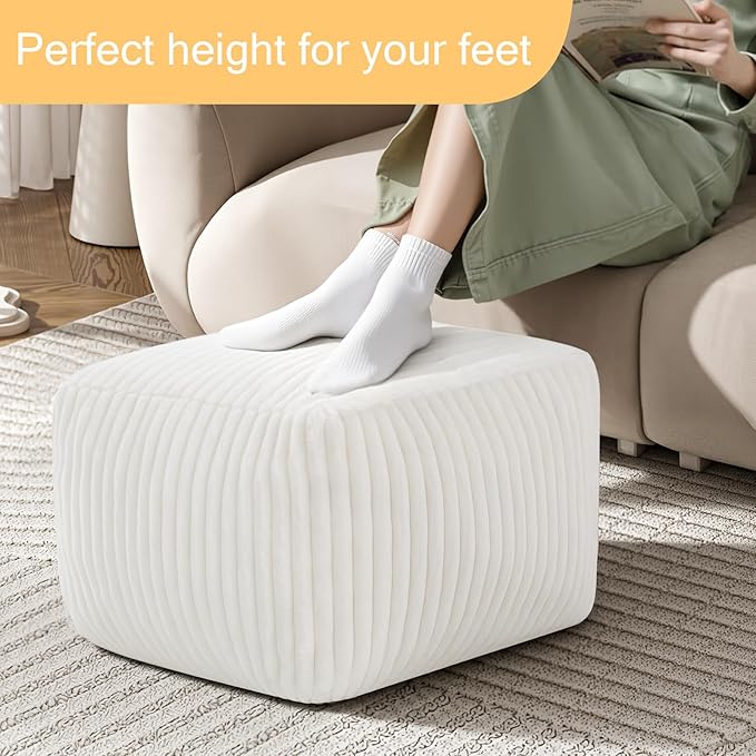 MeMoreCool Square Stuffed Pouf Ottoman Foot Rest, Stripe Furry Floor Pouf Foot - Image 3