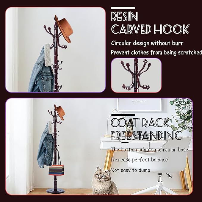 72 in Wood Coat Rack, Coat Rack Freestanding - Image 3