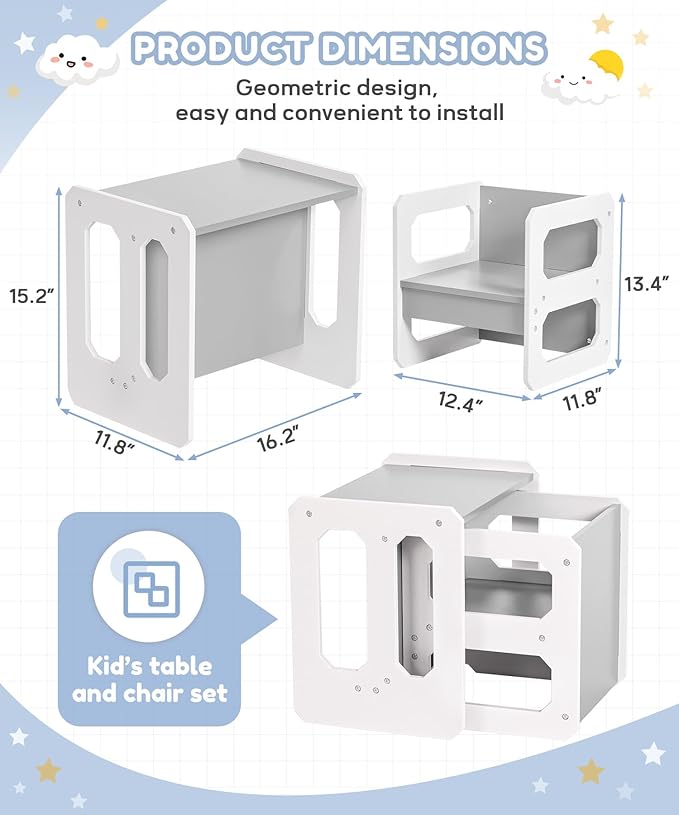 Kids Table and Chair Set, 3-in-1 Wooden Children's Furniture, Water Resistant - Image 4
