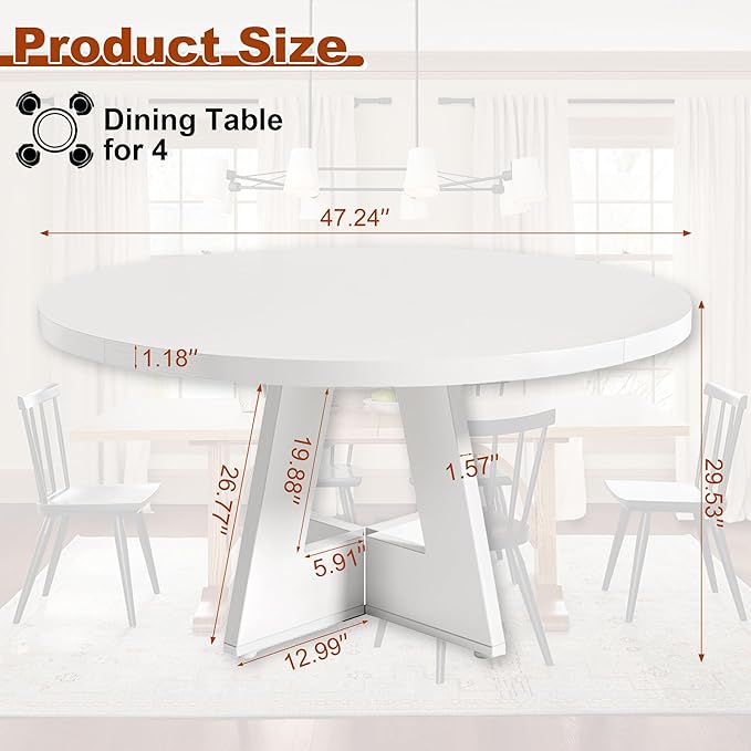 Round Dining Table for 4, 47 Inch Dinner Table Farmhouse Wooden Circle Kitchen - Image 2