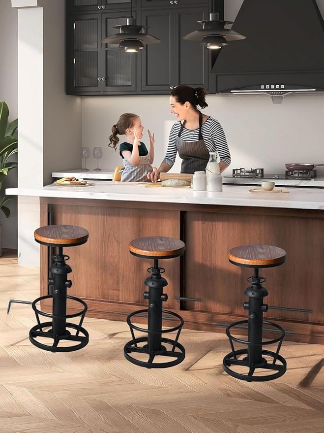 Industrial Bar Stools Kitchen Island Dining Chairs Swivel Wooden Seat Bar - Image 2