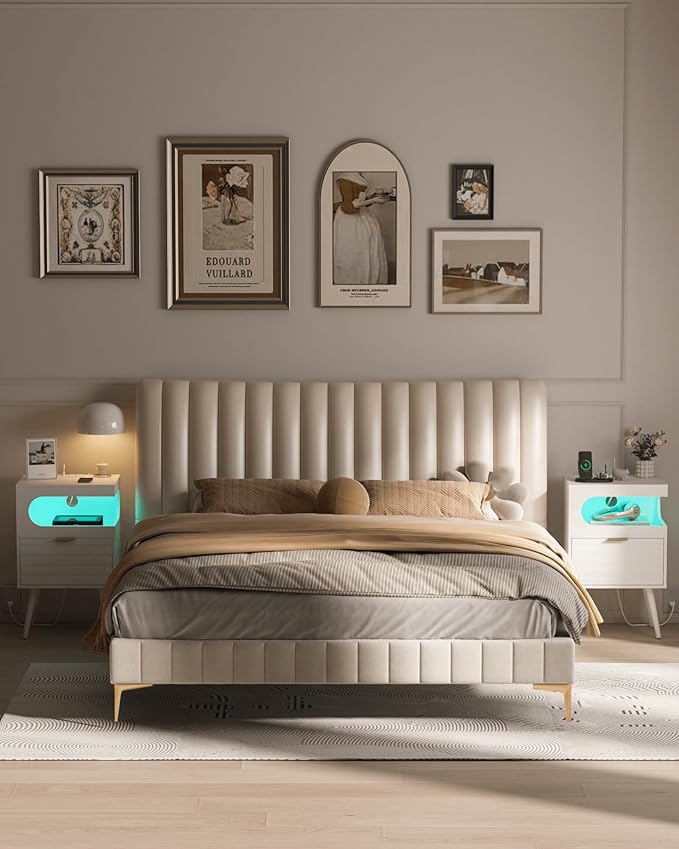 White Nightstand with Charging Station and LED Lights, Modern Bedside Table - Image 7