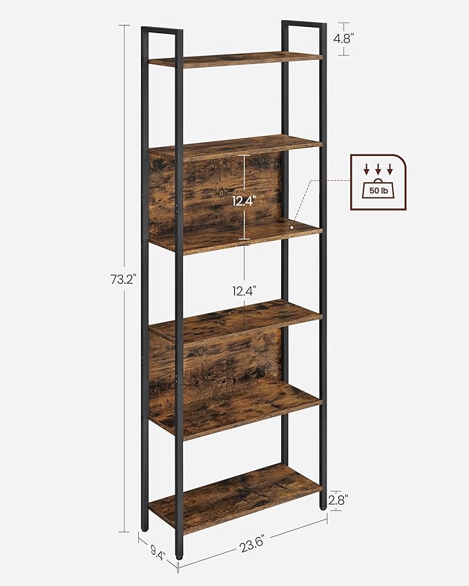 VASAGLE 6-Tier Bookshelf, Book Shelf, Industrial Bookcase, - Image 3