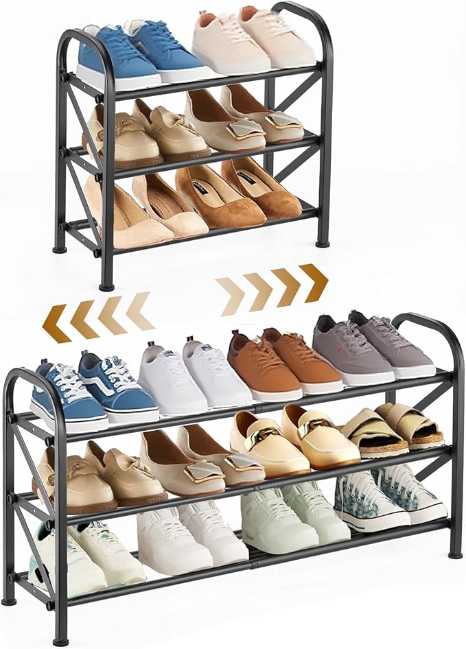 3-Tier Expandable Shoe Rack for Closet，Adjustable Shoe Rack，Black Metal Free by Atrastout