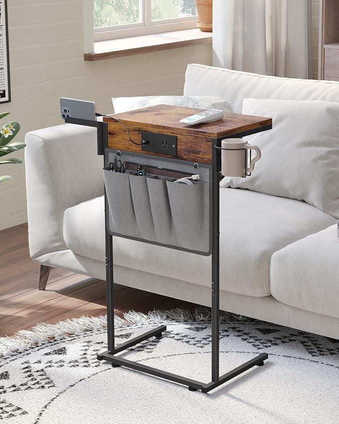 C Shaped End Table with Charging Station, Small TV Tray with Cup Holder and - Image 3