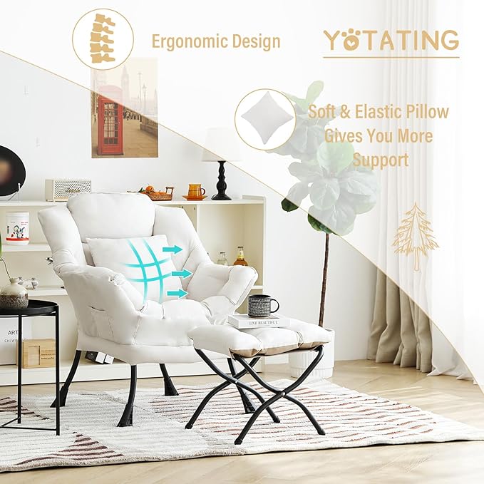 Lazy Chair with Ottoman, Comfy Reading Lounge Chair with Footstool & Throw - Image 8