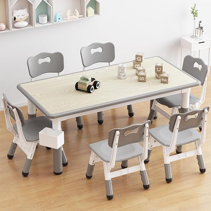 GarveeHome Kids Table and 6 Chairs Set, Height Adjustable Toddler Table and by GarveeHome