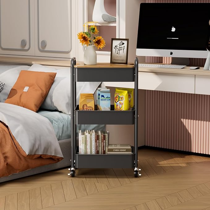 3 Tier Rolling Cart with Table top, Metal Utility Cart, Sturdy Storage - Image 8