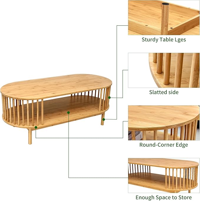 VaeFae Oval Coffee Table, Bamboo Coffee Table - Image 4