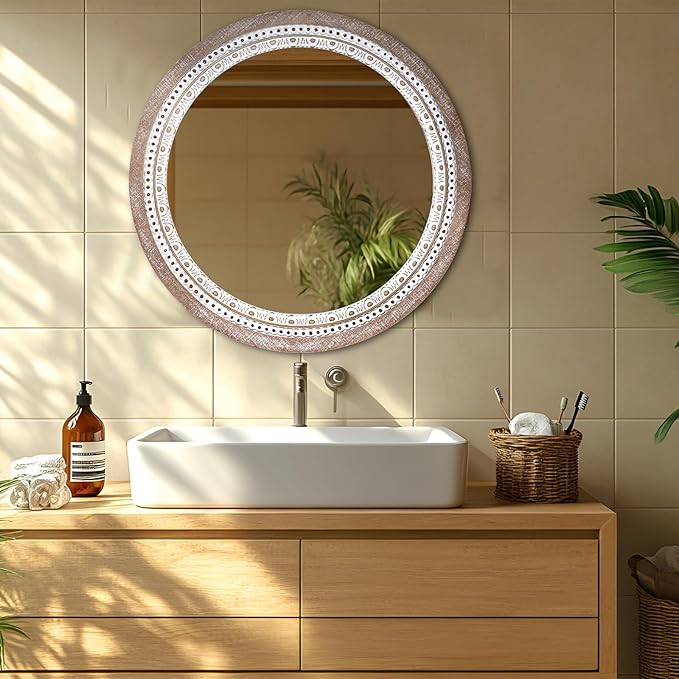32" Farmhouse Wooden Decorative Round Mirrors - Image 3