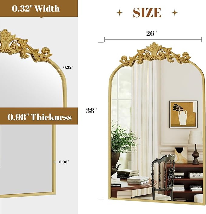 Vintage Arched Wall Mirror, 26x38 inch Retro Arch Bathroom Mirror, Carve - Image 4