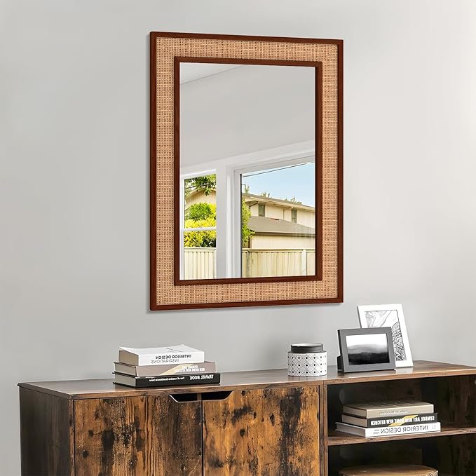 Rattan Wall Mirror with Wooden Framed 24 X 32 inch Farmhouse Rectangle Wood - Image 4