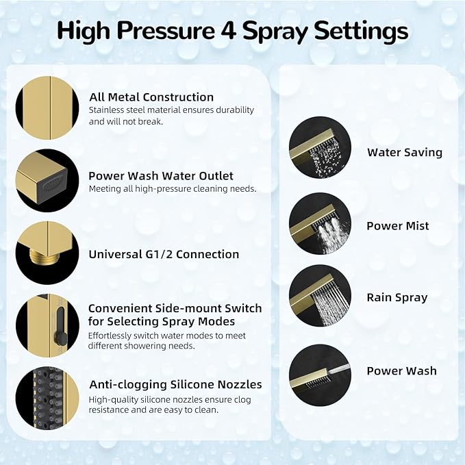 Hibbent All Metal 10'' Rainfall Shower Head, Shower Head Combo, High Pressure - Image 3