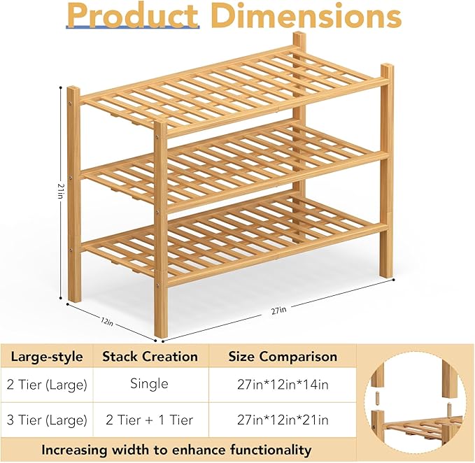 Haddockway Large 3 Tier Bamboo Shoe Rack Storage Organizer, Small Space - Image 3