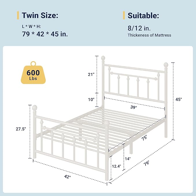 Allewie 14 Inch Twin Size Metal Platform Bed Frame - Image 2