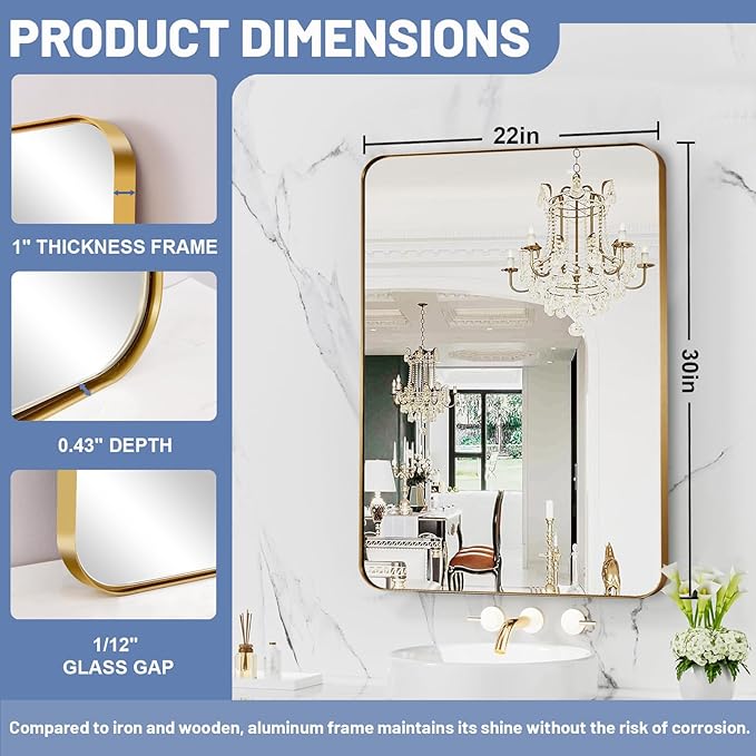 22x30 Inch Brushed Gold Mirror for Bathroom, Rounded Rectangle Mirrors Wall - Image 7