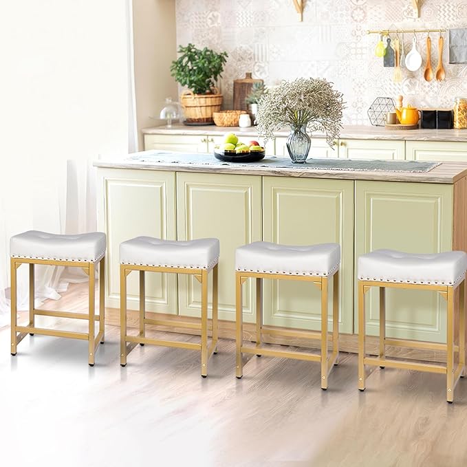 White & Gold Counter Height Bar Stools Set of 3, Modern Counter Stool Set of 3 - Image 4