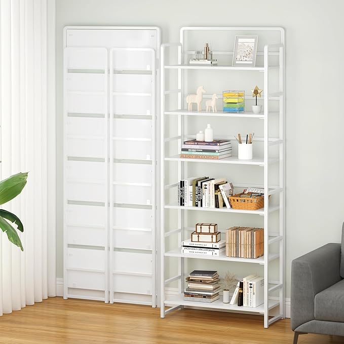 4NM No-Assembly 6 Tiers Folding Bookshelf Storage Shelves Vintage Bookcase - Image 2