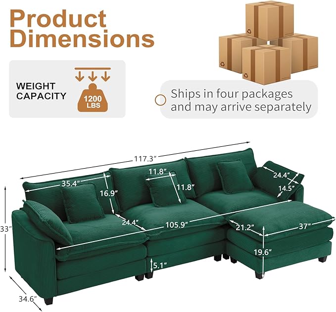 Furniliving 117‘’ L-Shaped Sofa, Luxury Corduroy Modular Sectional Couches - Image 2