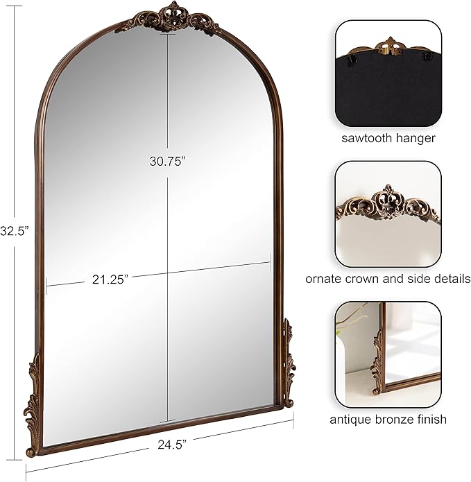 Kate and Laurel Myrcelle Traditional Arched Mirror; 25 x 33; Bronze; Decorative - Image 2