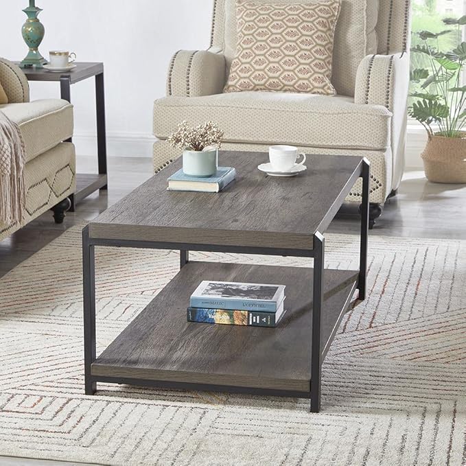 EXCEFUR Coffee Table with Storage Shelf, Rustic Wood and Metal Cocktail Table - Image 7