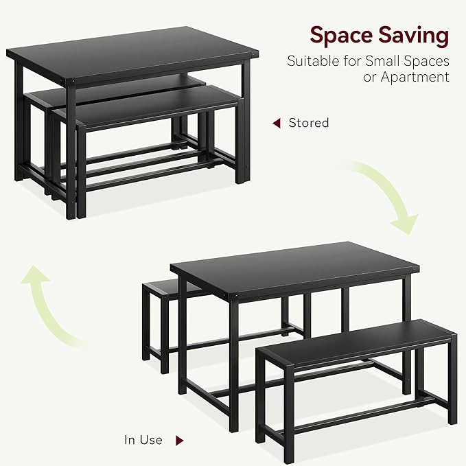 Dining Table Set for 4 with 2 Benches, 3-Piece Kitchen Table Set, Space-Saving - Image 7