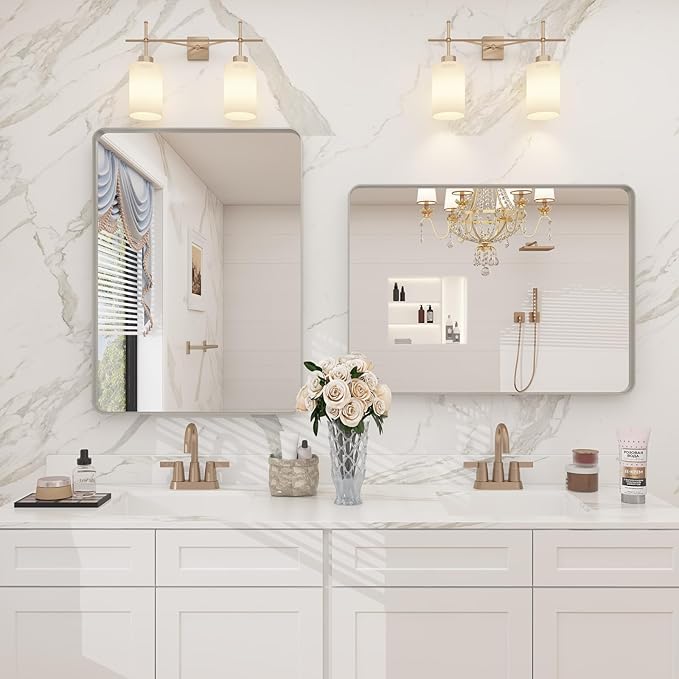 16x24 Inch Brushed Nickel Bathroom Mirror, Rounded Rectangle Silver Metal Frame - Image 6