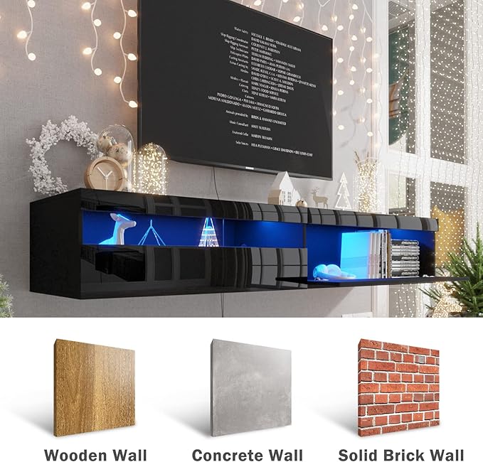 Floating TV Stand with Led Lights, 71 inch Wall Mounted TV Shelf with Power - Image 3