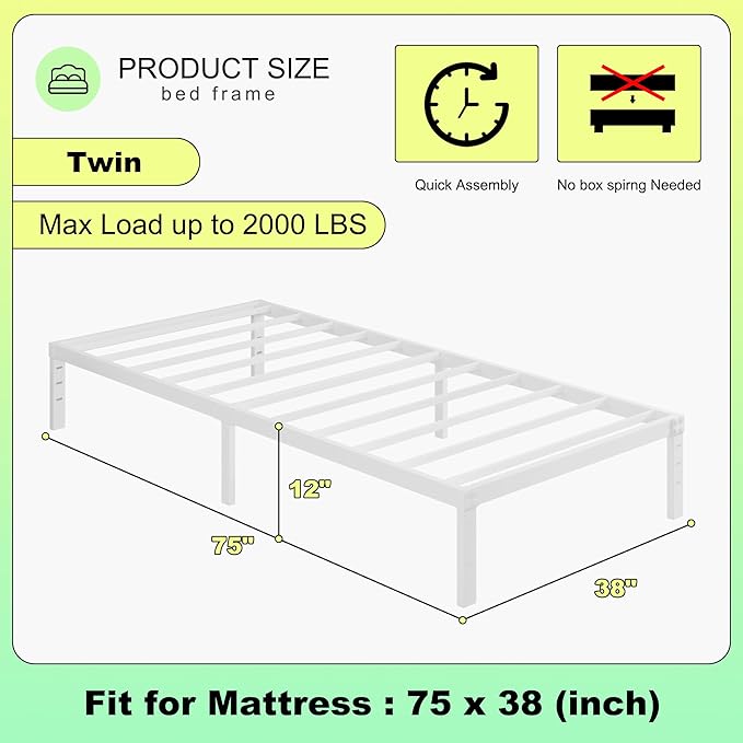 12 Inch Twin Bed Frames, Heavy Duty Metal Twin Platform Bed Frame, No Box - Image 2