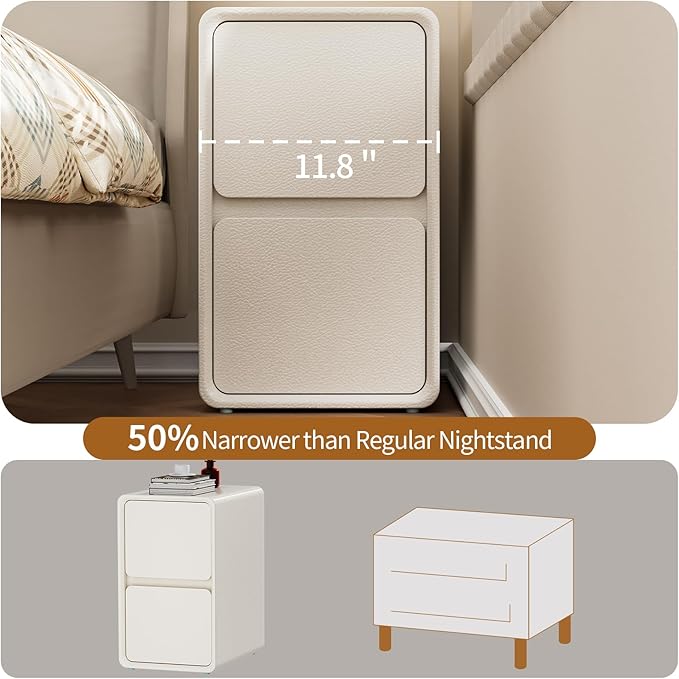 VICITON Modern Narrow Faux Leather Nightstand, Solid Wood Drawer, Storage - Image 8