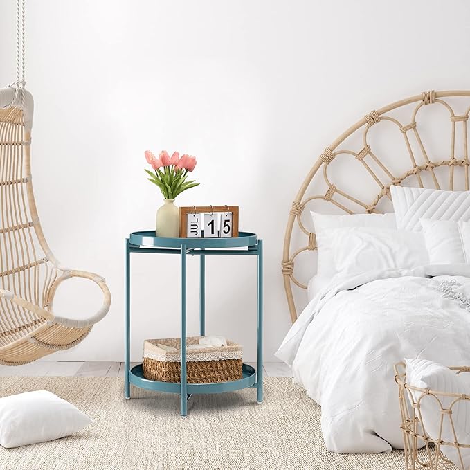 TeoKJ 2 Tier Round Side Table, Folding Round Metal End Table Small Nightstand - Image 4