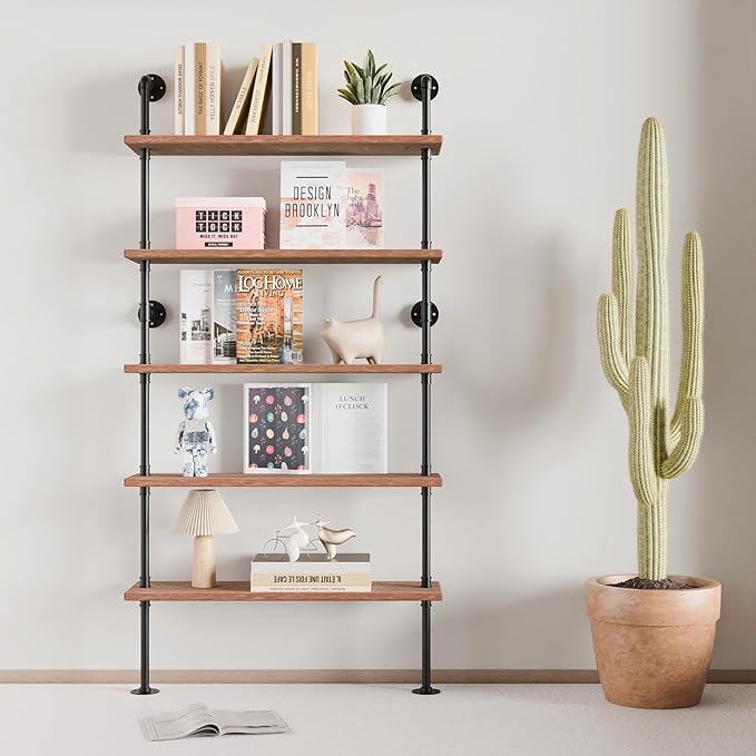 5 Tier Industrial Ladder Shelf Bookcase, Wall Mounted Wood Metal Pipe Rustic - Image 4