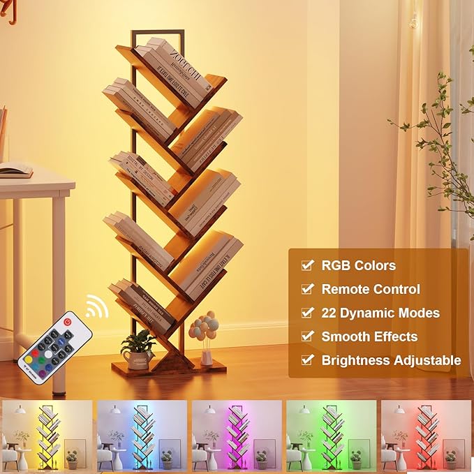Tree Book Shelf with LED Lights, 9 Tier Floor Standing Bookcase, Classical - Image 3