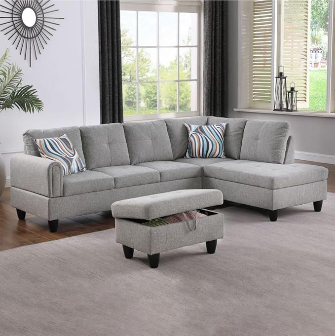Grey-2 L-Shaped 3-Piece Linen Sofa by Unknown