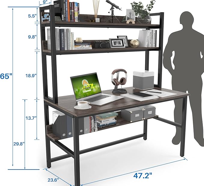 Aquzee Desk with Hutch Bookshelves, Computer Desk with 3 Tiers Storage Shelves - Image 3
