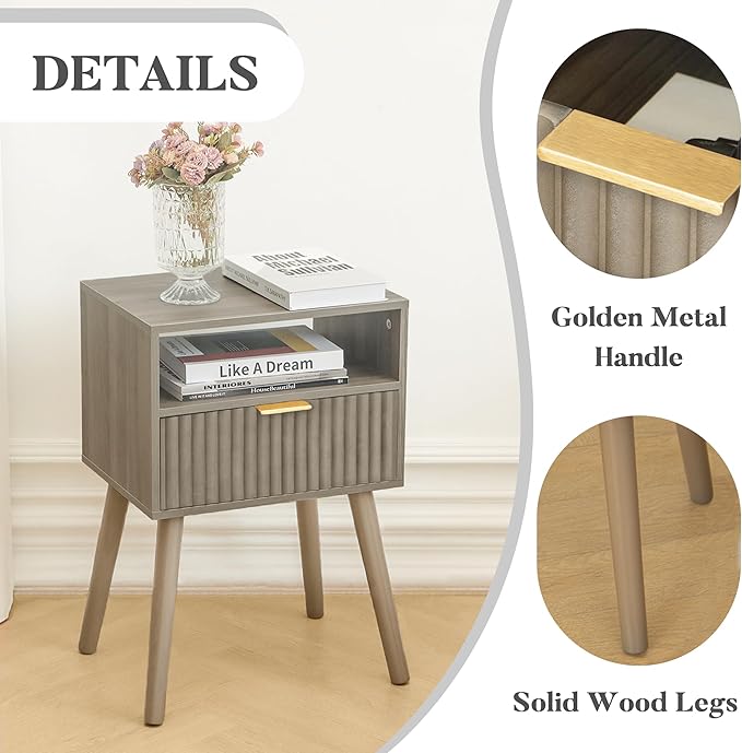 Grey Nightstand, Modern Night Stand Wood, Fluted Bedside Table - Image 5