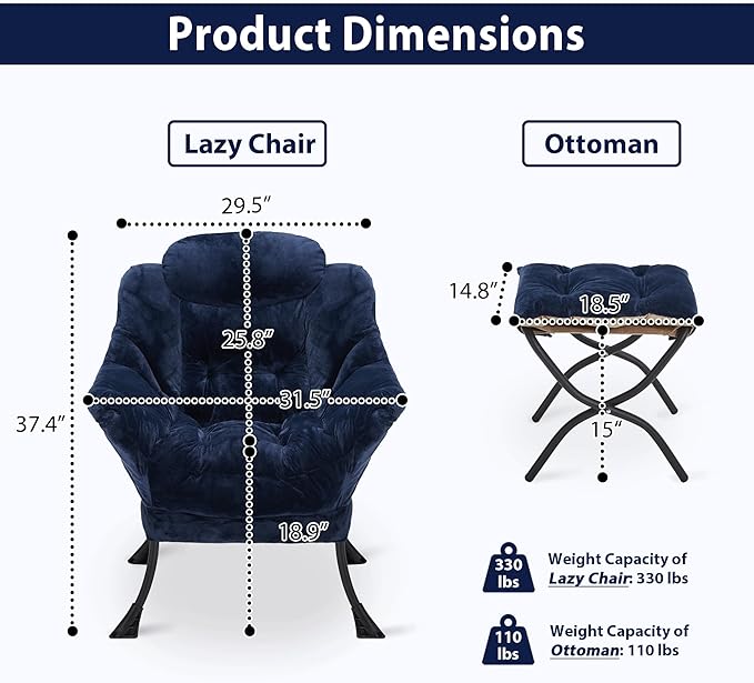 Lazy Chair with Folding Ottoman, Accent Chair Plush Upholstered with Metal - Image 3
