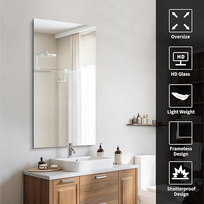 Frameless Mirror, 24x48 Inch Large Bathroom Mirrors - Image 4