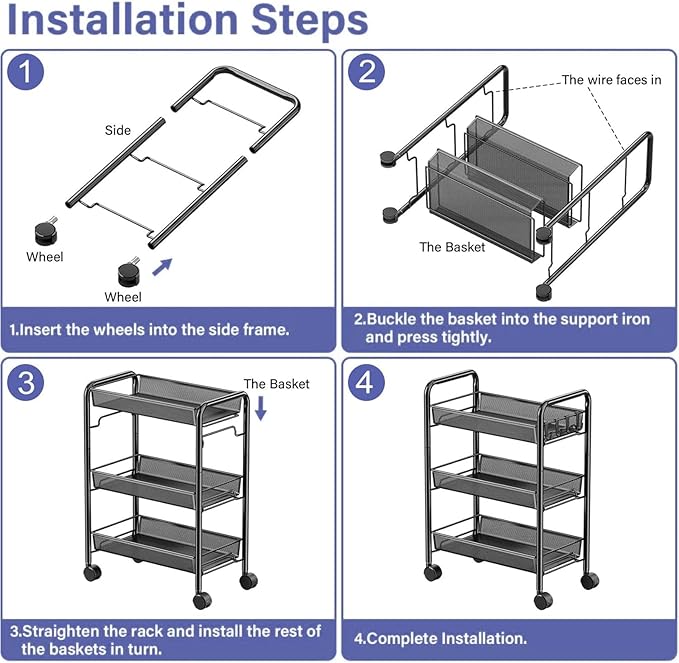 3 Tier Rolling Cart, Mesh Wire Utility Carts, Metal Storage Shelf - Image 3