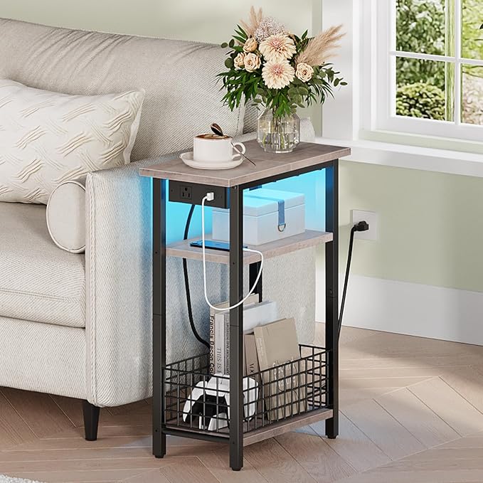 HOOBRO Narrow Side Table with Charging Station and LED Light, Small End Table - Image 3