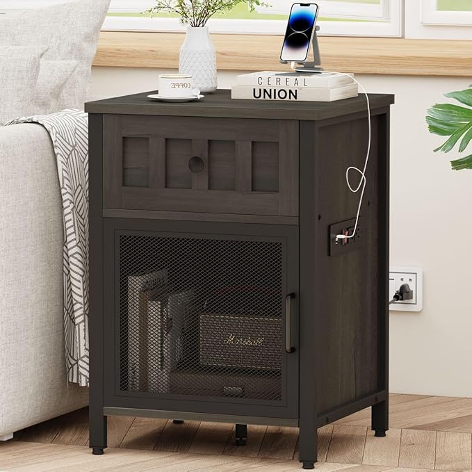 FATORRI End Table with Charging Station, Farmhouse Side Table with Drawer by FATORRI