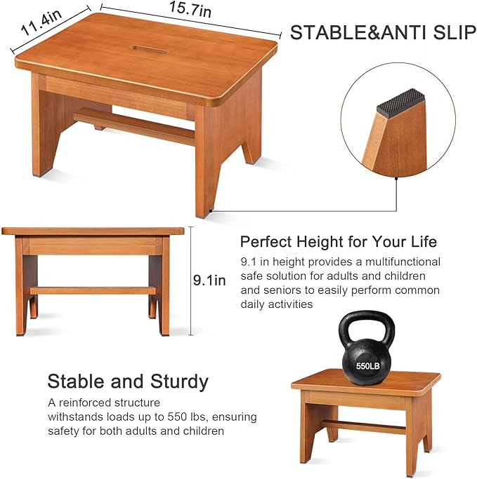 Wooden Step Stool for Adults, 9.1''High One Step Stool for High Bed/Kitchen - Image 2
