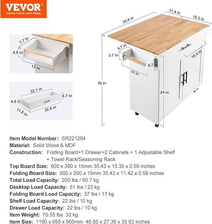 VEVOR Kitchen Island Cart with Solid Wood Top, 35.4" Width Mobile Carts with - Image 8
