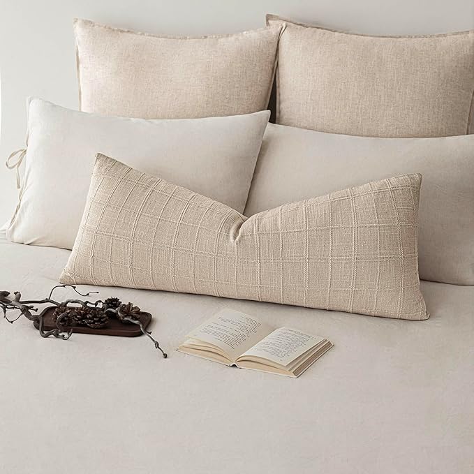 Foindtower Set of 2 Decorative Linen Check Throw Pillow Covers Neutral Long - Image 6