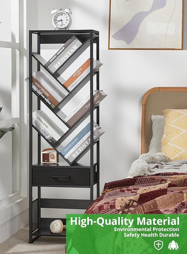 Bookshelf with Drawer, 10 Tier Tree Bookcase Retro Floor Standing Bookshelves - Image 7