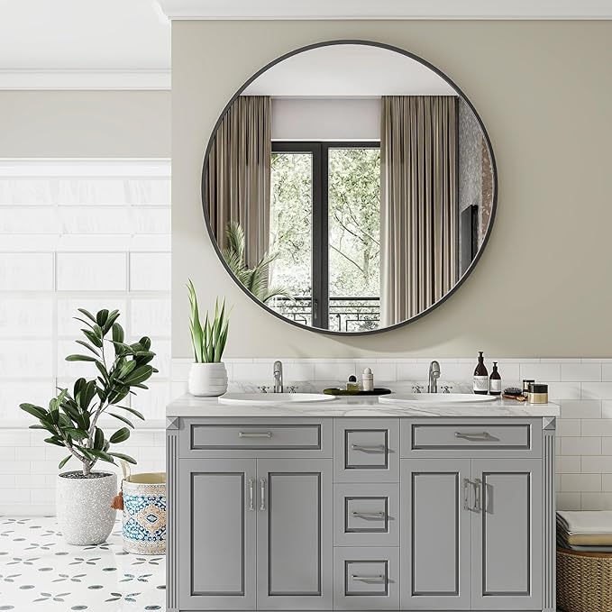 Black Round Bathroom Mirror, 48 inch Large Circle Wall Mounted Hanging Mirror - Image 6