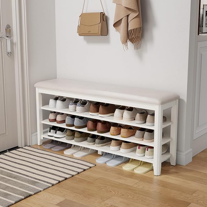Shoe Bench with Leather Cushion, 3 Tiers Shoe Storage Bench Height Adjustable by AQIMUELE-Solidwoodfurniture