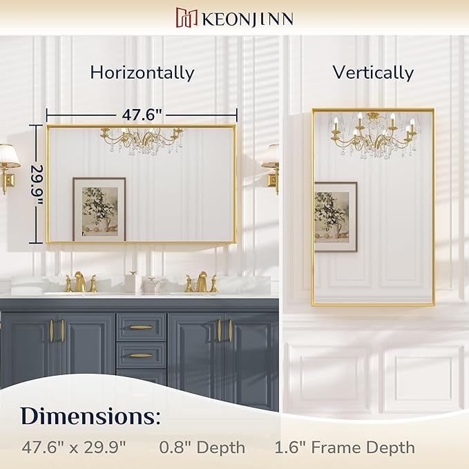 Keonjinn Gold Bathroom Mirror 48 x 30 Inch Gold Trimmed Bathroom Wall Mirror - Image 6