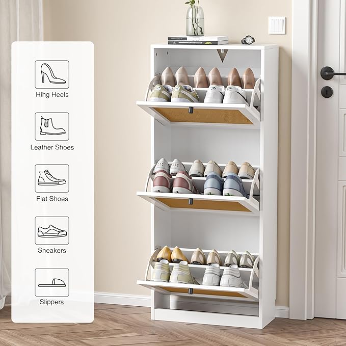 Rattan Shoe Cabinet with 3 Flip Drawers, Narrow Shoe Rack Cabinet with - Image 3