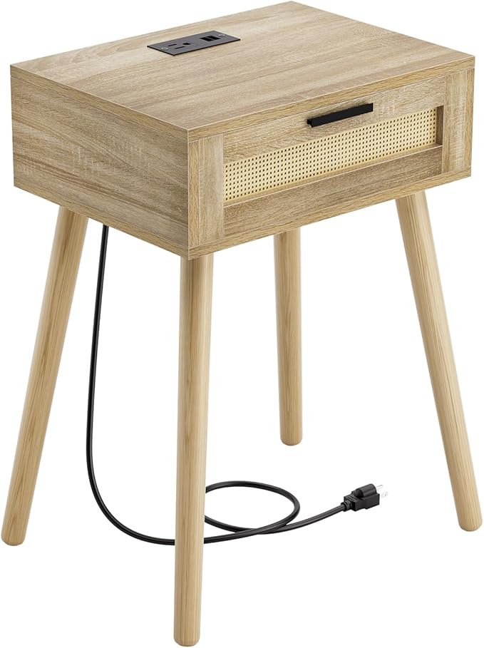 HAIOOU Nightstand with Charging Station Rattan Drawer, Mid Century Modern Side by HAIOOU